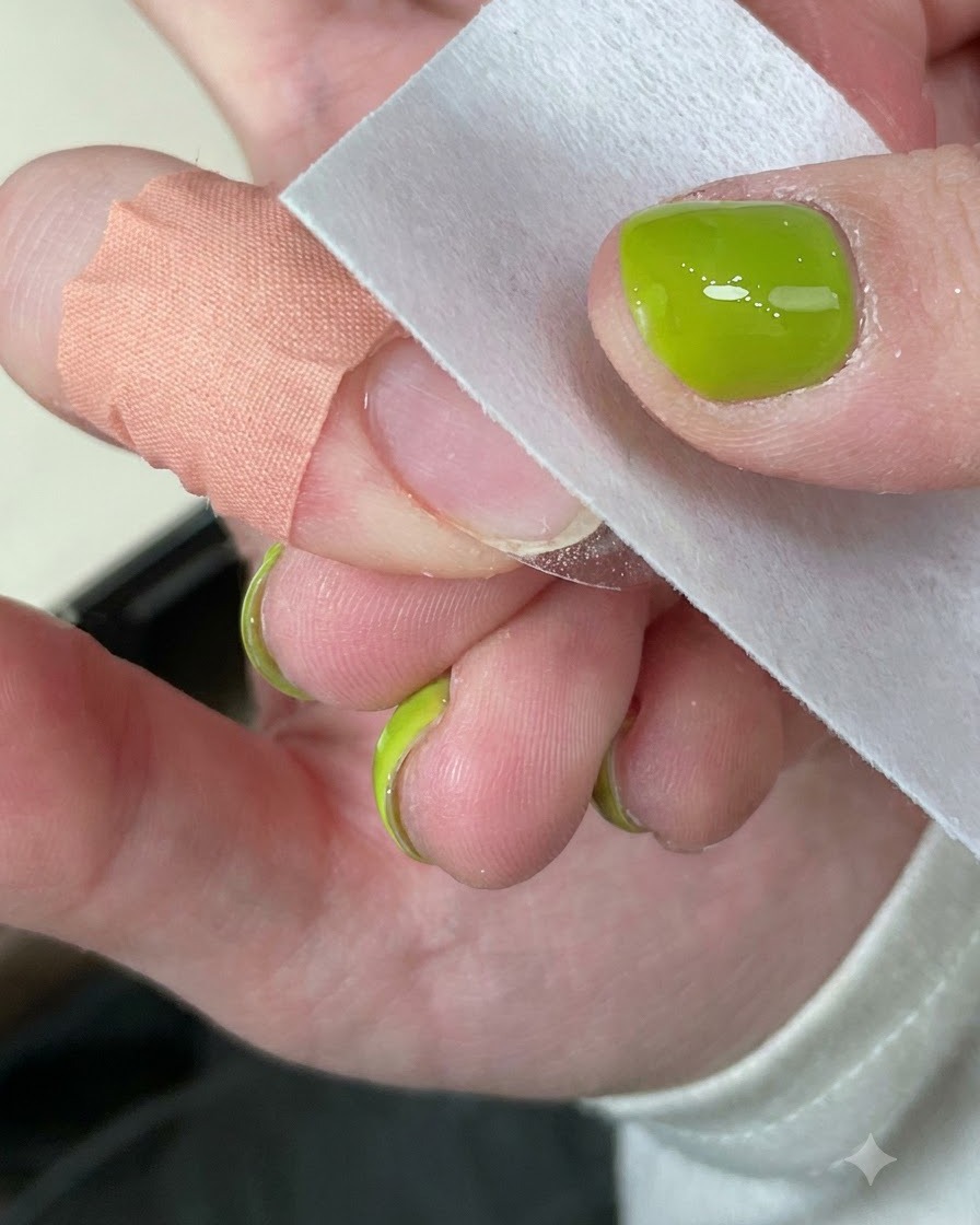 Una toallita limpiadora frotando la superficie de una uña curada.