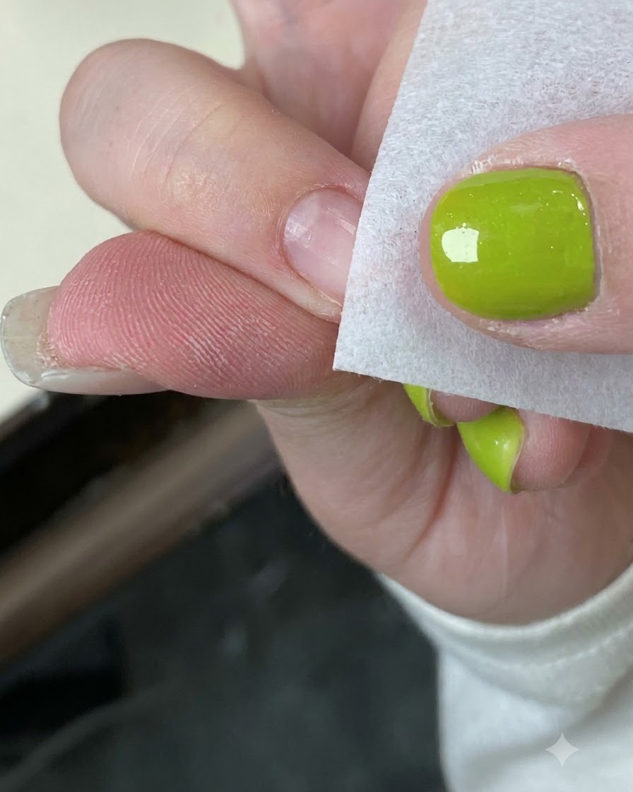 Primer plano de un dedo recibiendo un toque de gel marfil cerca de la punta de la uña con una esponja.