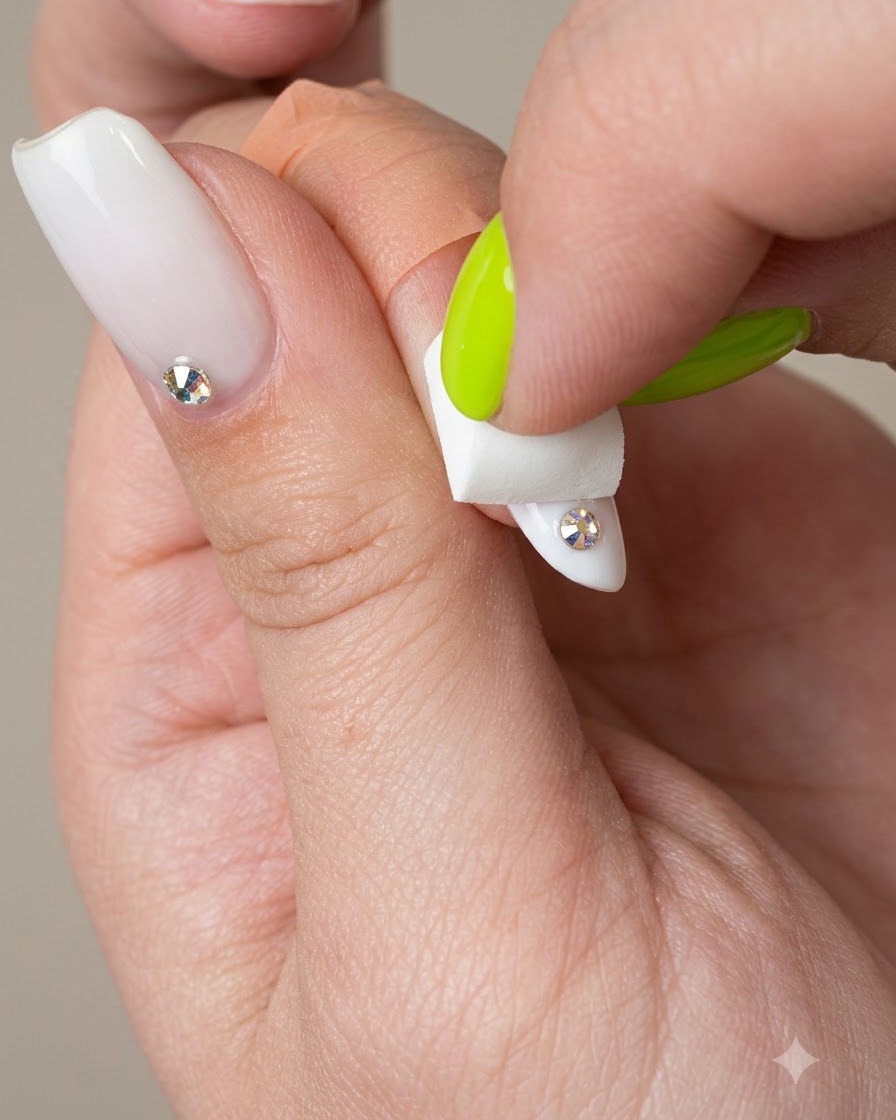 Una pequeña esponja de maquillaje difuminando gel marfil en un tip de uña.