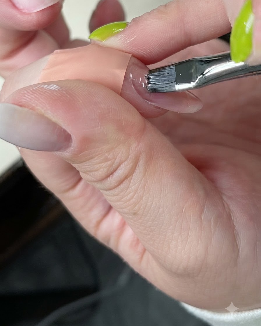 Un pincel de gel aplicando cuidadosamente gel rosa nude sobre el lecho ungueal.