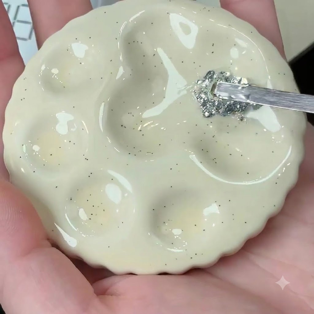Una herramienta de metal recogiendo purpurina plateada gruesa de una paleta de mezcla de cerámica.