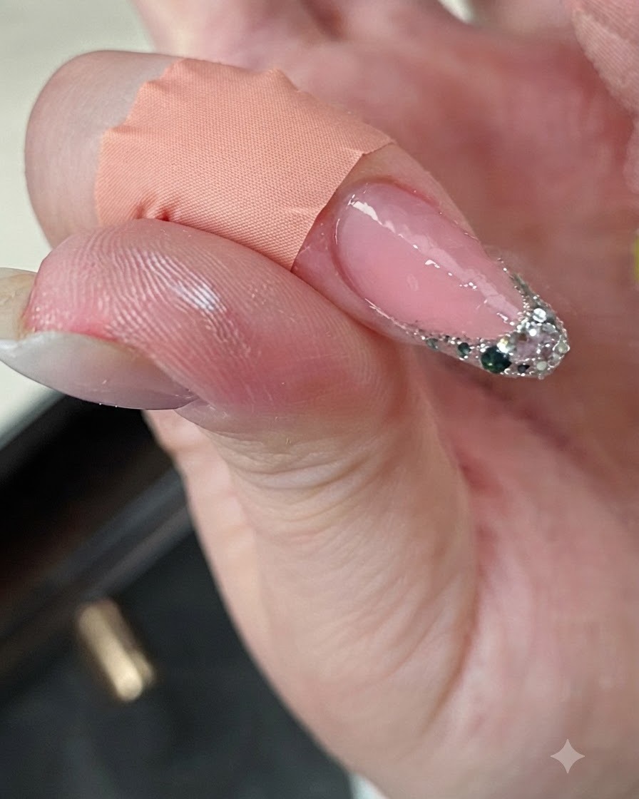 Un dedo con una punta francesa de purpurina cerca de una mini lámpara UV durante el proceso de curado.