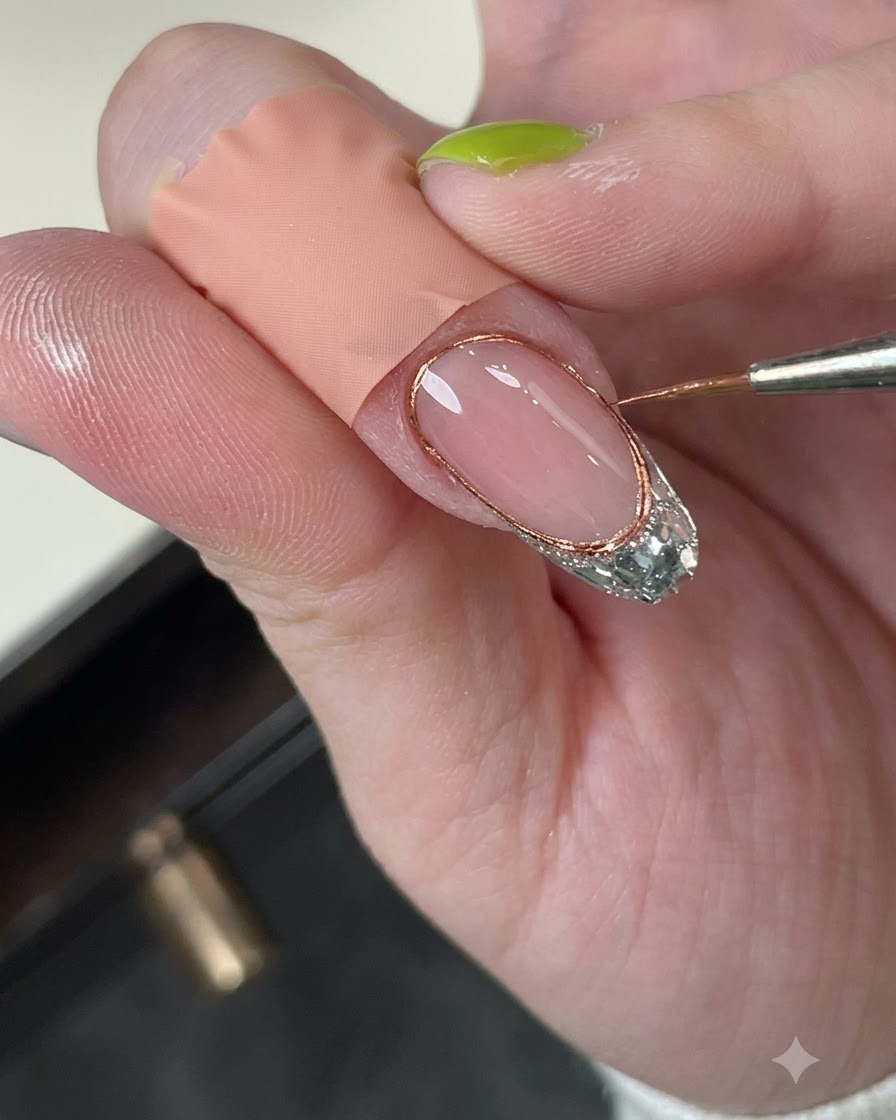 Una lámpara blanca de curado de mano posicionada sobre una uña para endurecer el diseño de gel.