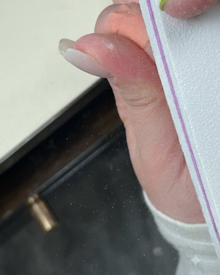 Un pincel fino pintando un borde azul claro a lo largo de la línea de la sonrisa de una manicura francesa.