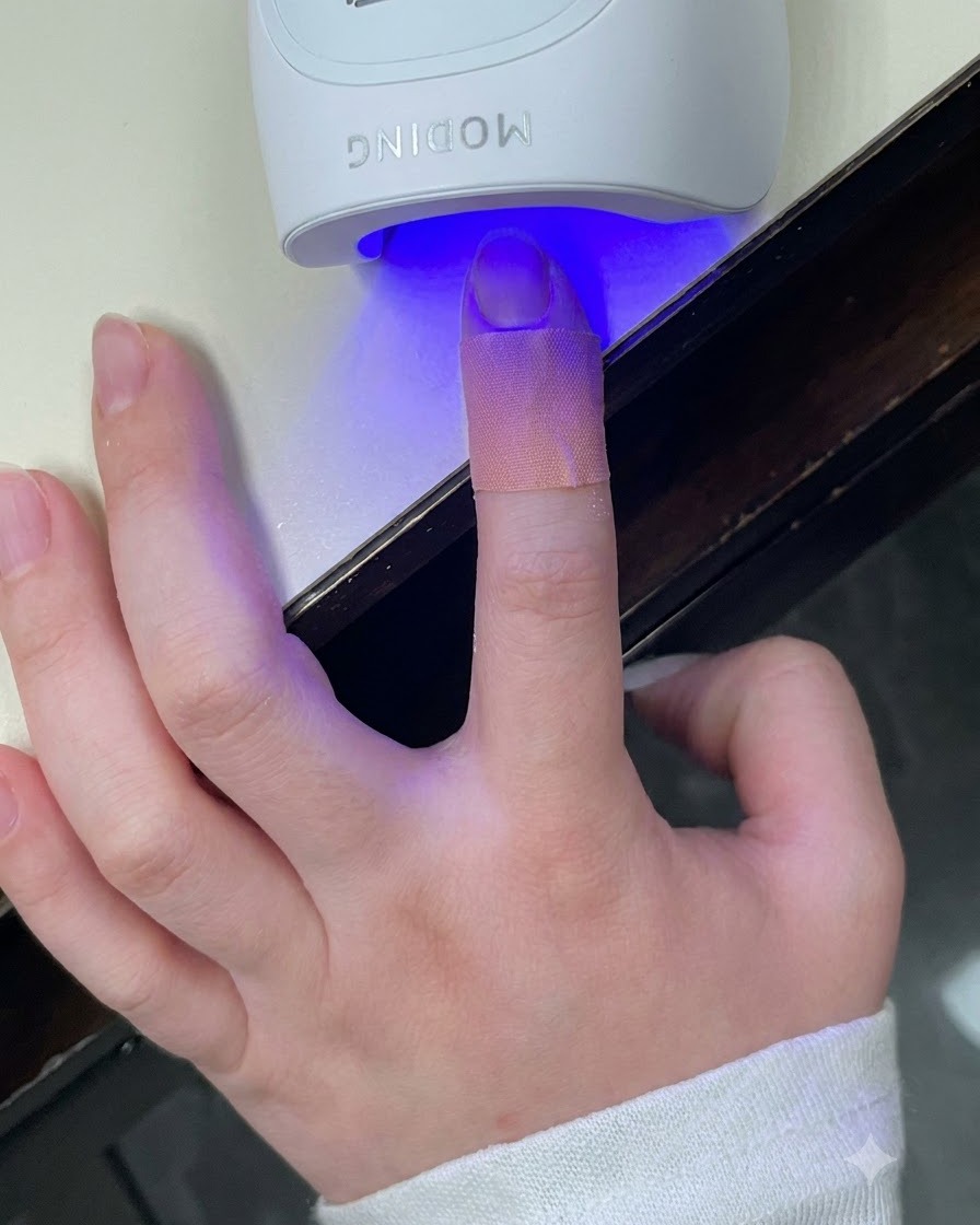 Un pincel aplicando top coat transparente y brillante sobre una manicura francesa decorada.
