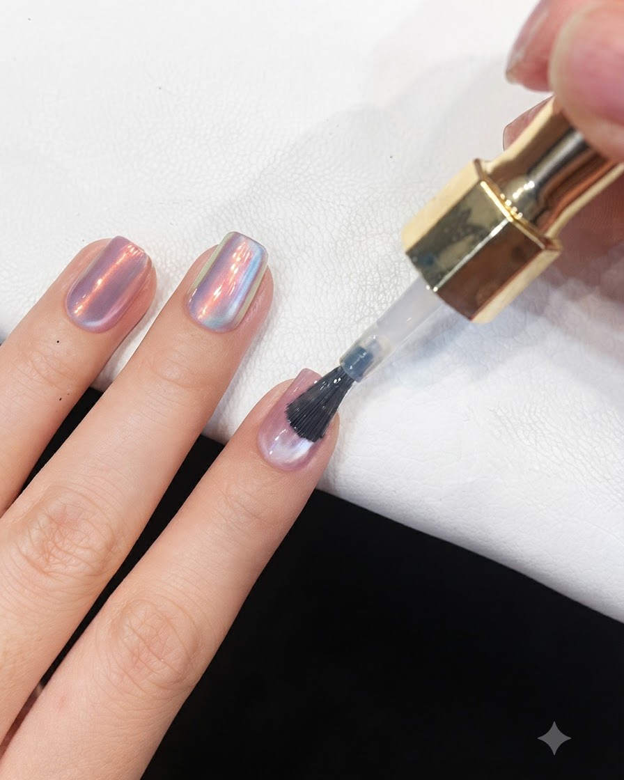 Una mano posicionada bajo una lámpara de curado UV/LED portátil durante una manicura en gel.
