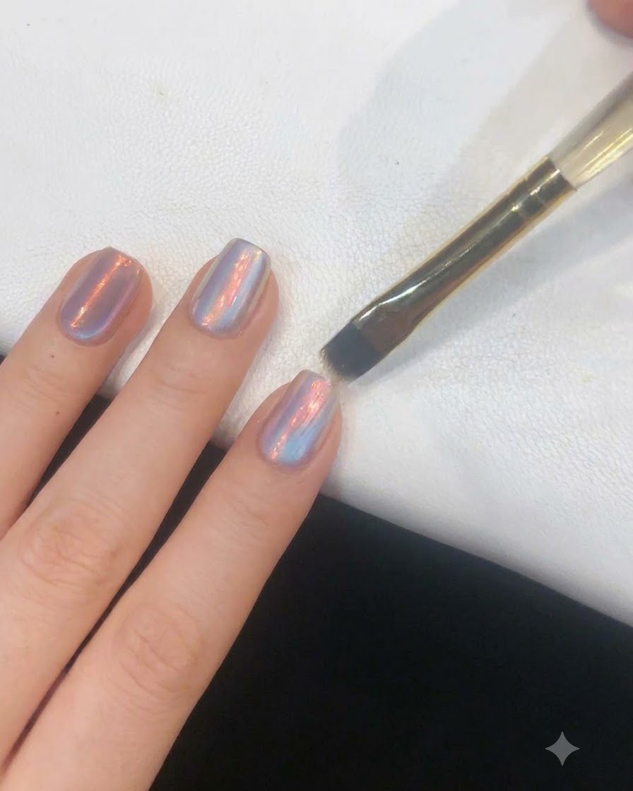 Una mini lámpara UV/LED de mano posicionada directamente sobre una uña para curar la capa de gel recién aplicada.