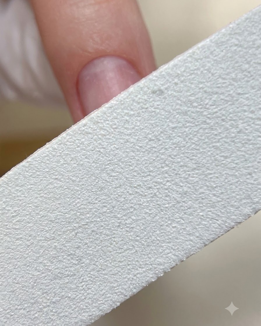 Primer plano de un taco pulidor blanco alisando la superficie de una uña natural previamente preparada.