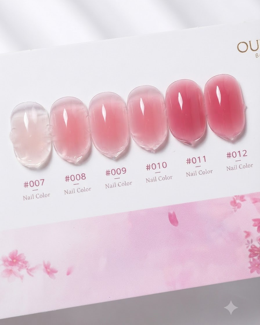 Primer plano de un frasco de gel de construcción color rosa rosado, mostrando su tinte rosa translúcido y el pincel aplicador.