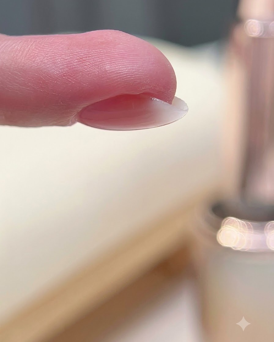 Un dedo colocado boca abajo para permitir que el gel se autonivele y forme un ápice central.