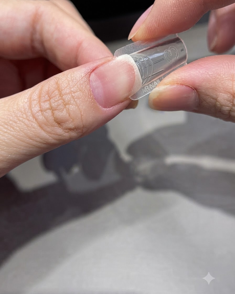 Un dedo índice sosteniendo un molde transparente de extensión de uñas contra una placa de uña natural bajo una iluminación suave.