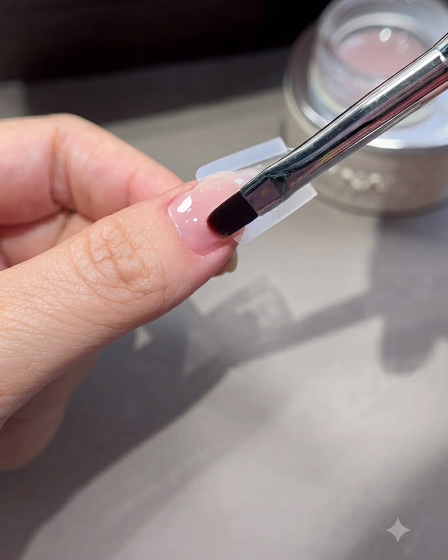 Primer plano de un pincel delineador fino alisando y perfeccionando el borde del gel cerca de la zona de la cutícula.