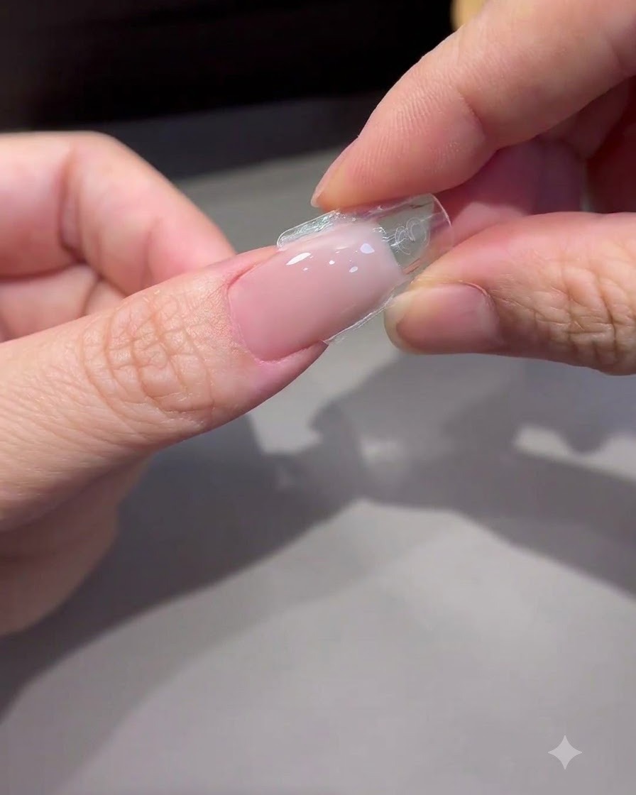 Dedos pellizcando suavemente los lados de un molde dual transparente para liberarlo de una extensión de uña de gel curada.