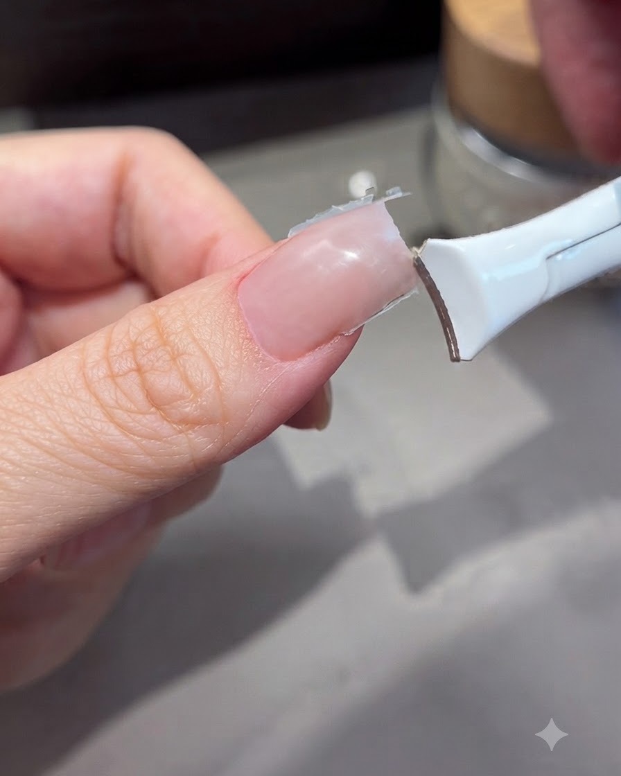 Un cortauñas recortando el borde libre de una uña de gel recién extendida.