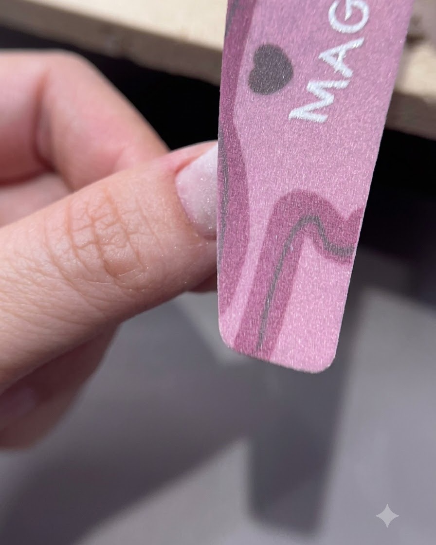 Un bloque pulidor rosa alisando la superficie de una uña manicurada.