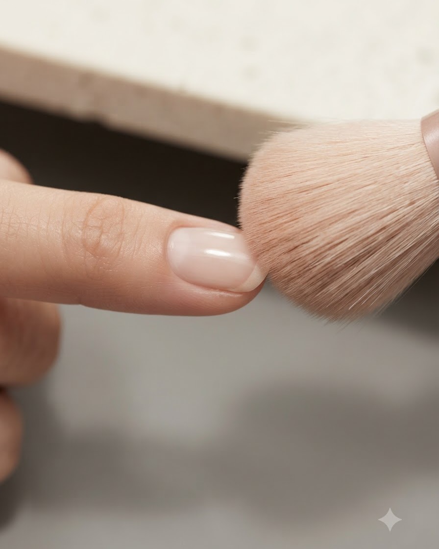 Una brocha de maquillaje suave barriendo el polvo blanco de uña de una superficie de uña terminada.