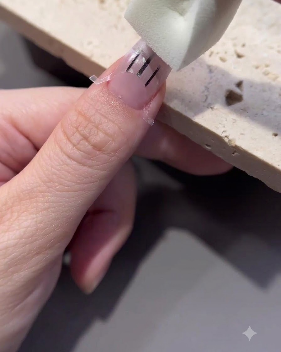 Un bloque de esponja estampando esmalte blanco sobre una plantilla de guía francesa en una uña.