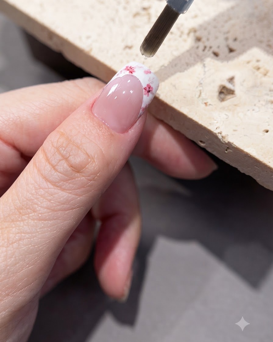 Una brocha aplicando una capa de gel transparente sobre una uña decorada con pegatinas florales.