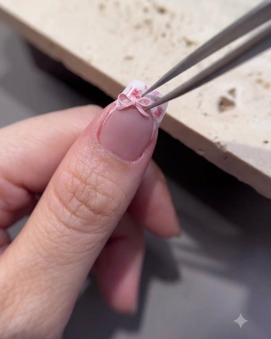 Pinzas colocando un pequeño adorno de lazo rosa en 3D sobre la superficie de la uña con capa superior.