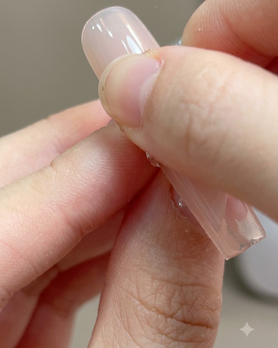 Una toallita con alcohol limpiando el residuo pegajoso de la superficie de gel rosa curada en una uña.