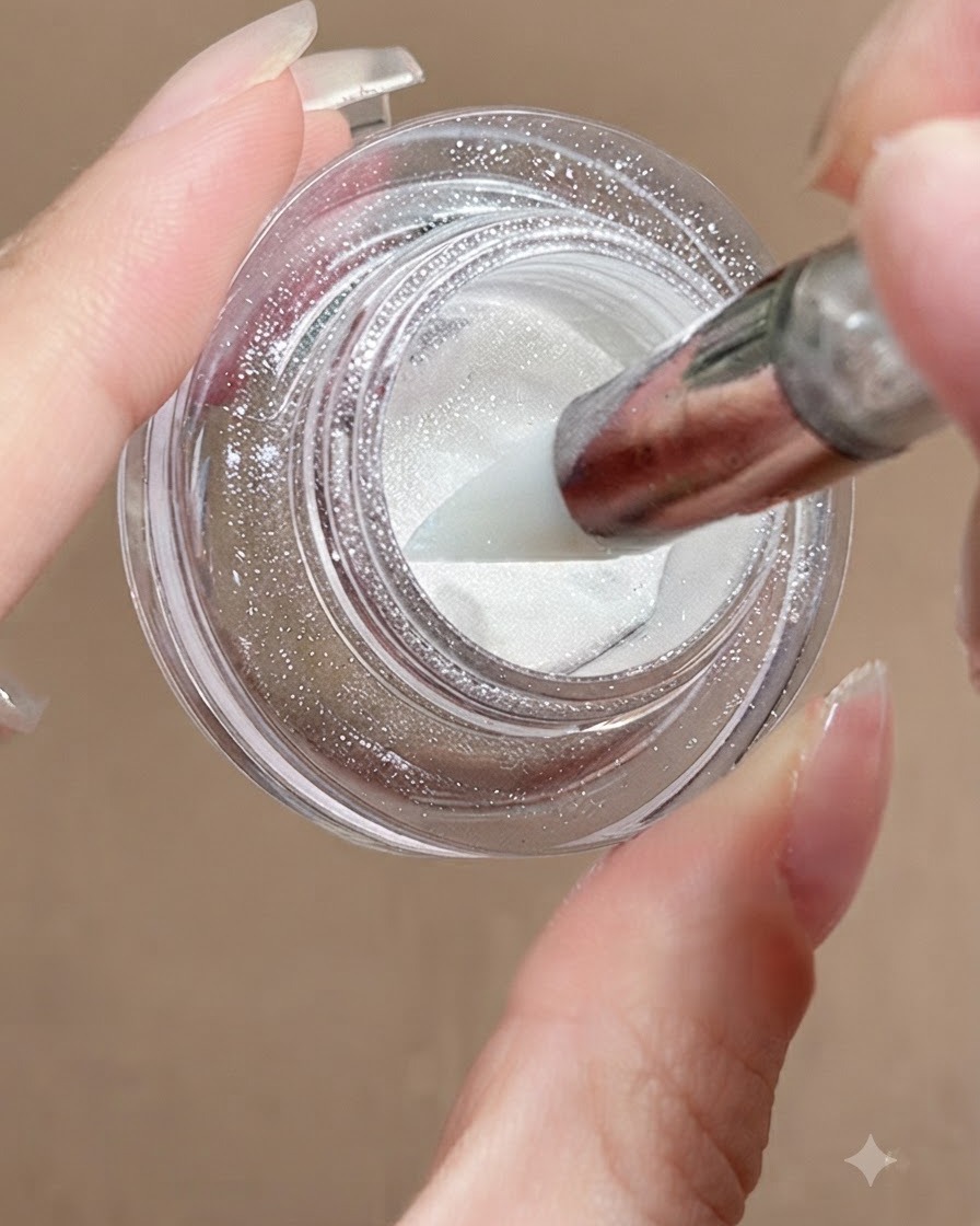 Un lápiz de silicona sumergiéndose en un tarro de polvo cromo blanco lunar brillante.