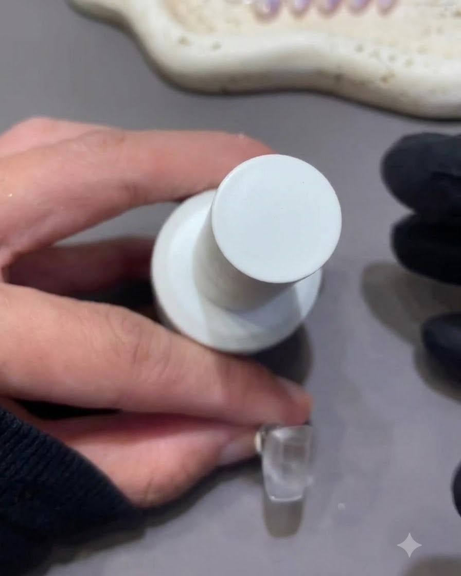 Un primer plano de un pincel de uñas sosteniendo un frasco de gel escultor nude junto a una uña postiza sin pintar.