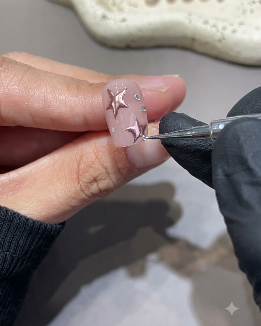 Una herramienta de detalle colocando pequeños pedazos de pedrería brillante sobre una uña rosa decorada con estrellas de cromo.