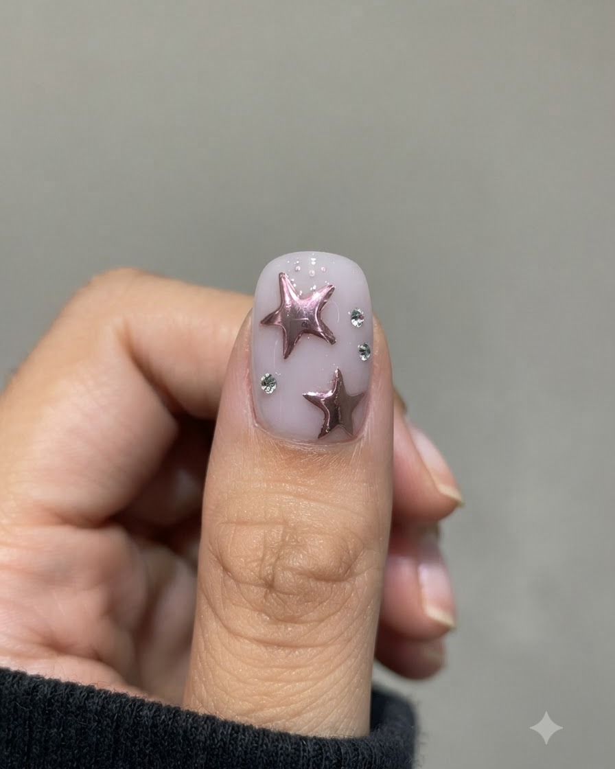 Un primer plano de una mano con arte de uñas de estrellas decoradas y pedrería colocada dentro de una lámpara de curado de uñas UV/LED compacta.