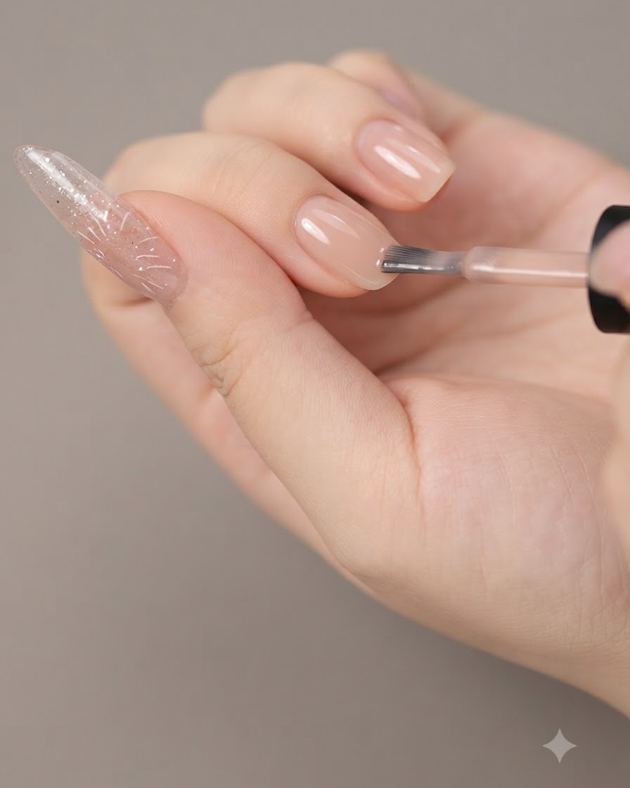 Un pincel de uñas aplicando una capa suave de esmalte de gel base nude sobre una uña de práctica alargada.