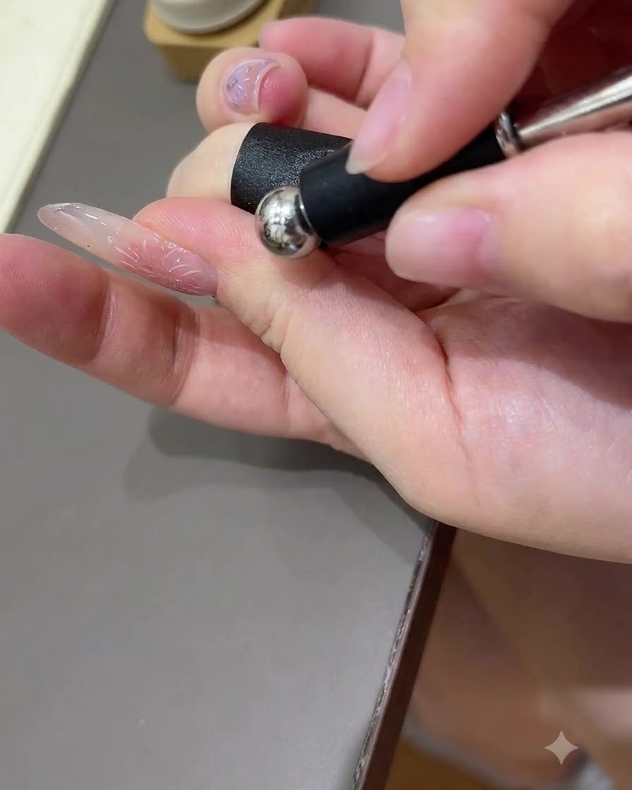 Una herramienta de bola magnética sostenida cerca de la superficie brillante de una uña para manipular las partículas de gel ojo de gato.