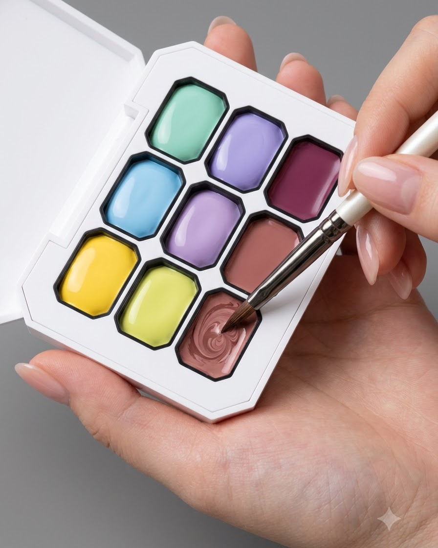 Un pincel de uñas sumergiéndose en un compartimento rosa de una paleta multicolor.