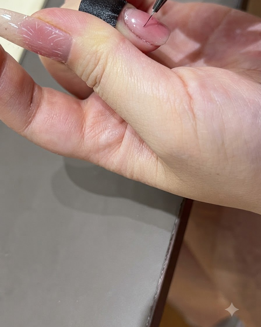 Un pincel de arte de uñas fino tomando gel de aplicación colorido de una paleta.