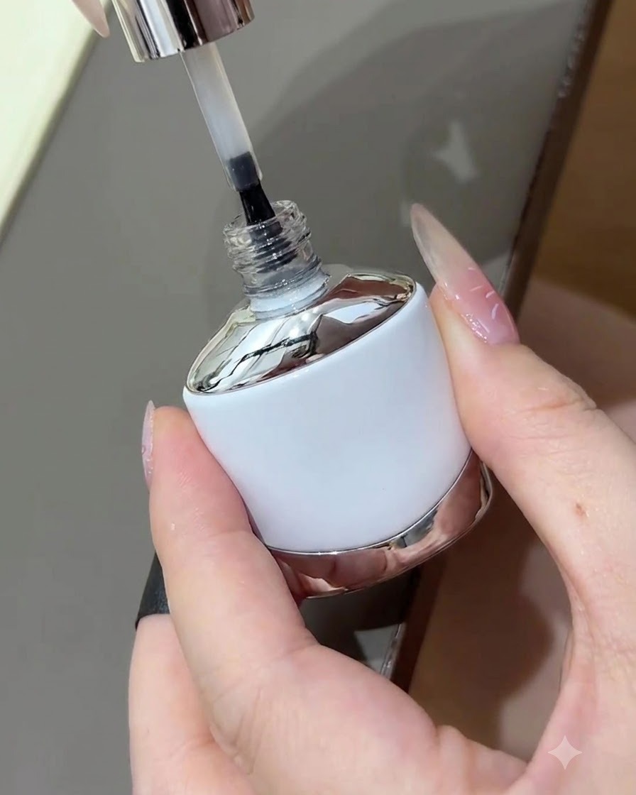 Una botella de esmalte superior para uñas con su pincel levantado, listo para aplicar un sello protector brillante sobre la manicura.