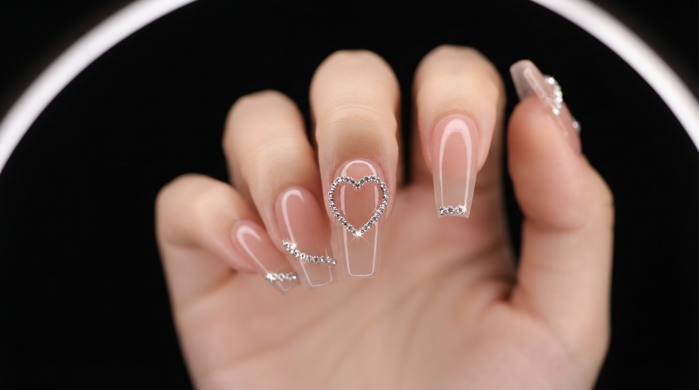 Uñas de Rosa Nude con Degradado y Contorno de Corazón con Cadena de Strass