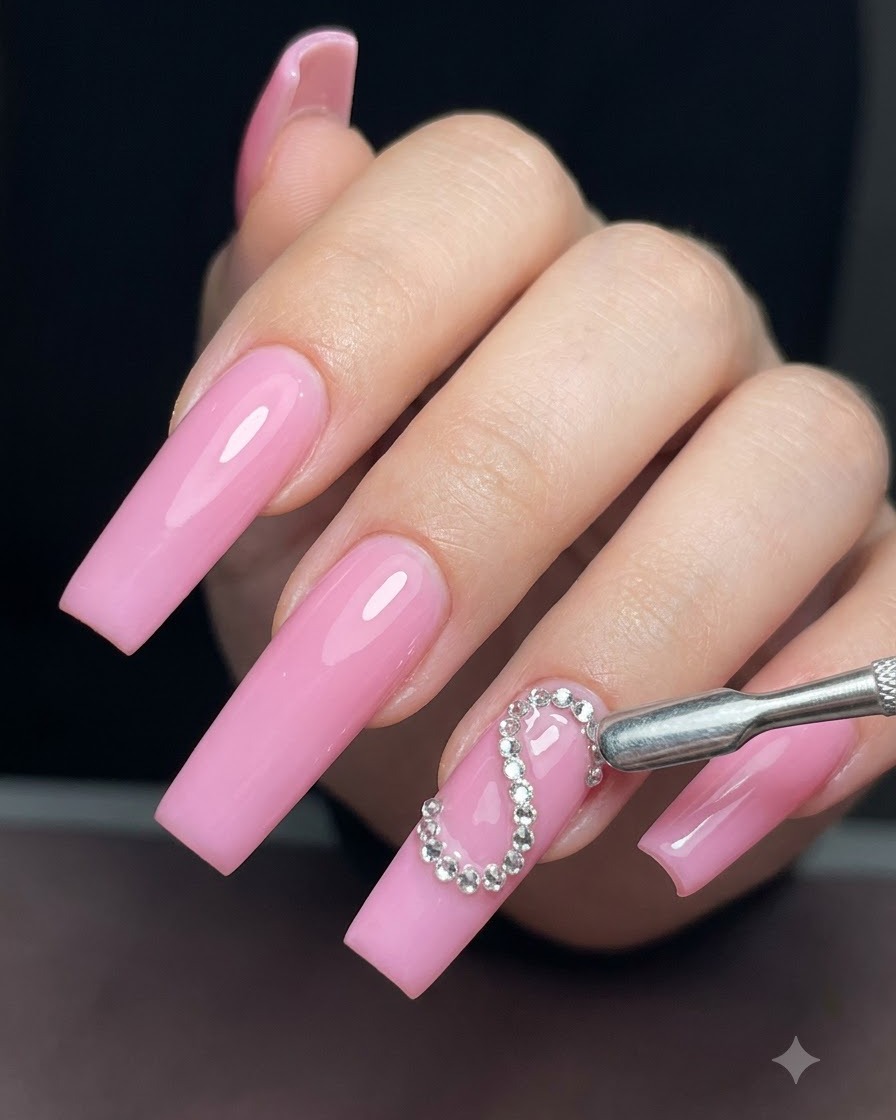Una herramienta metálica de uñas y una vista detallada de un diseño de medio corazón delineado con pedrería brillante en una uña rosa.