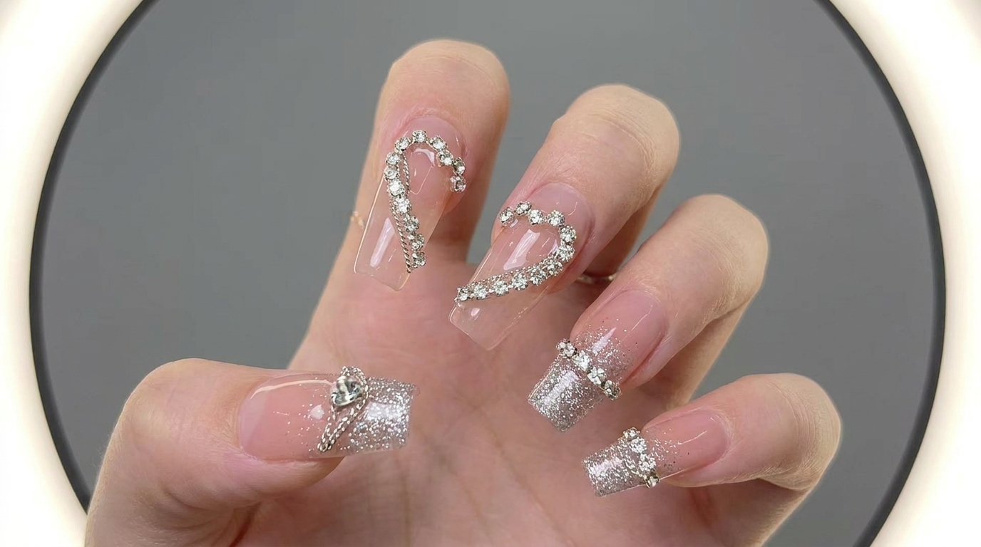 Uñas de Gel Rosa Nude con Contornos de Corazón en Estrás y Arte de Cadena Plateada