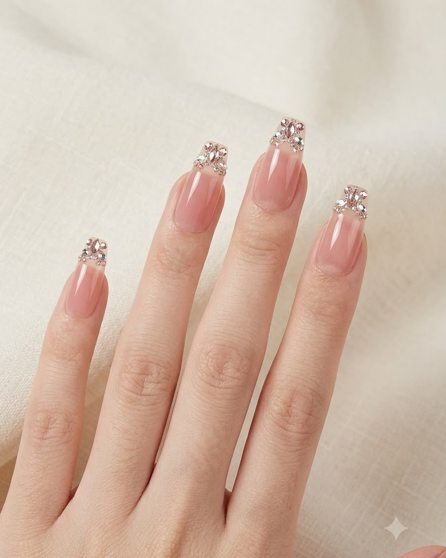 Perspectiva en primer plano que destaca la estructura equilibrada y la forma almendrada de las extensiones de uñas postizas en los dedos.