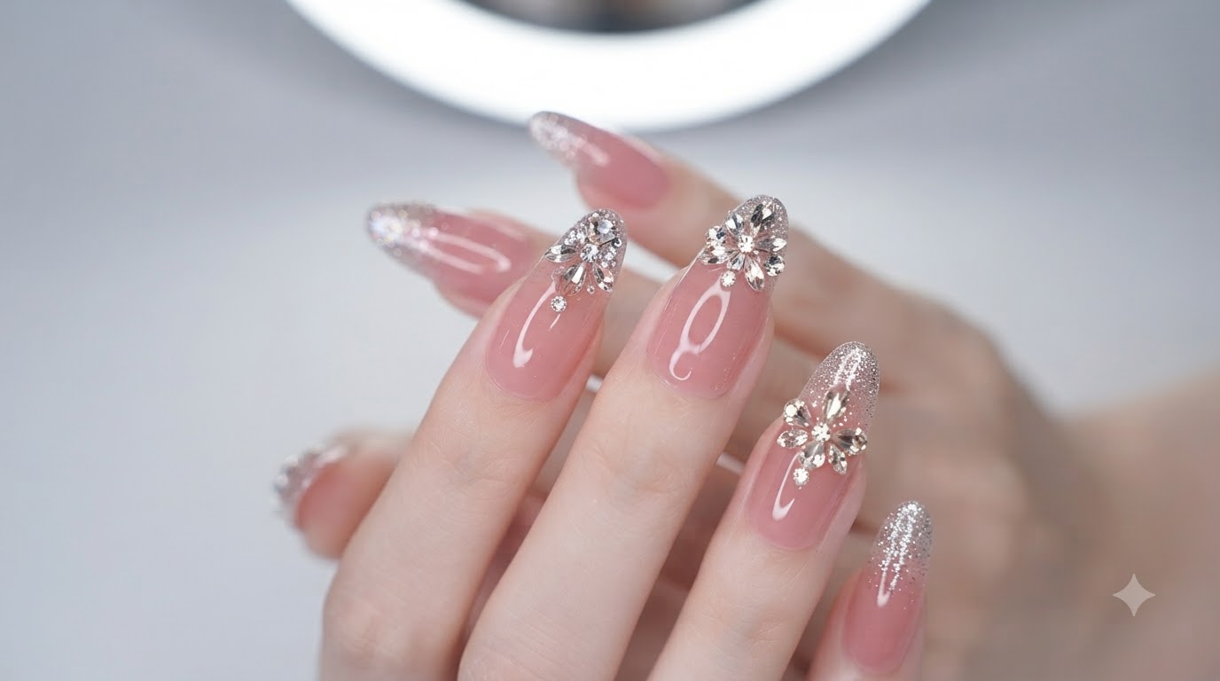 Uñas postizas rosa dulce con purpurina y cristales — Guía paso a paso