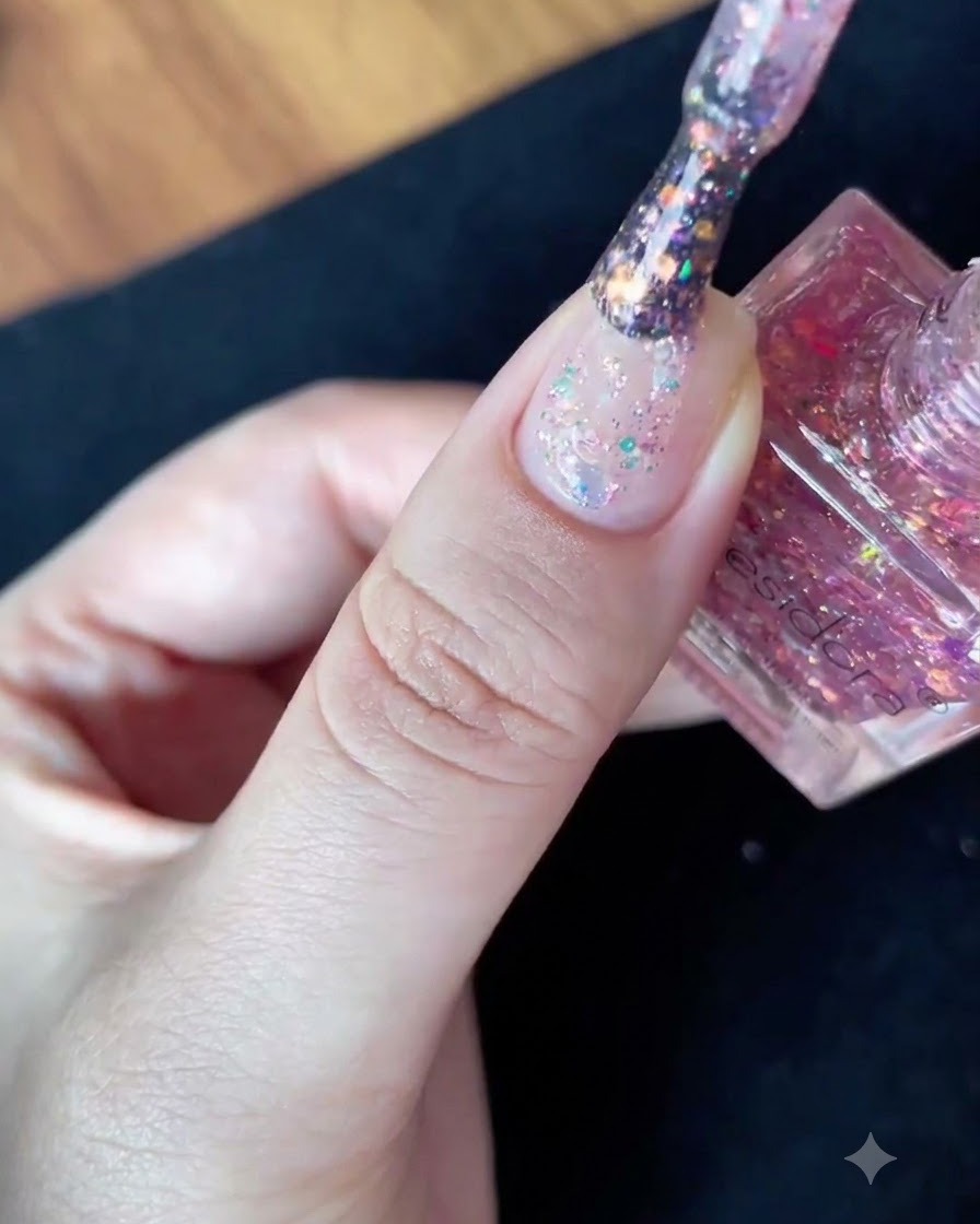 Un primer plano de un pincel de esmalte de uñas sosteniendo densos copos de purpurina multicolor al sacarlo del frasco.