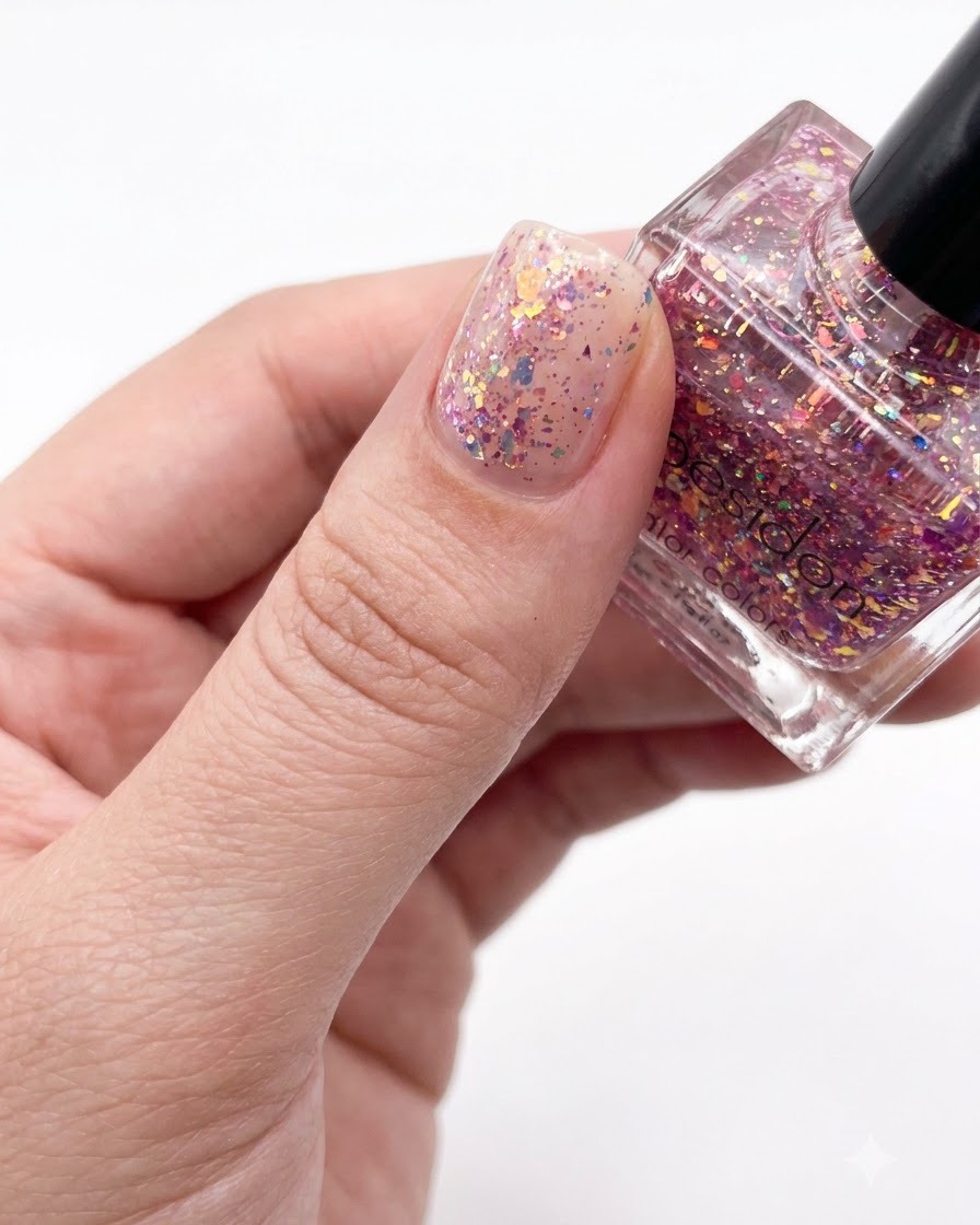Una aplicación de uñas terminada que muestra una capa lisa y plana de copos de purpurina multicolor en toda la placa.