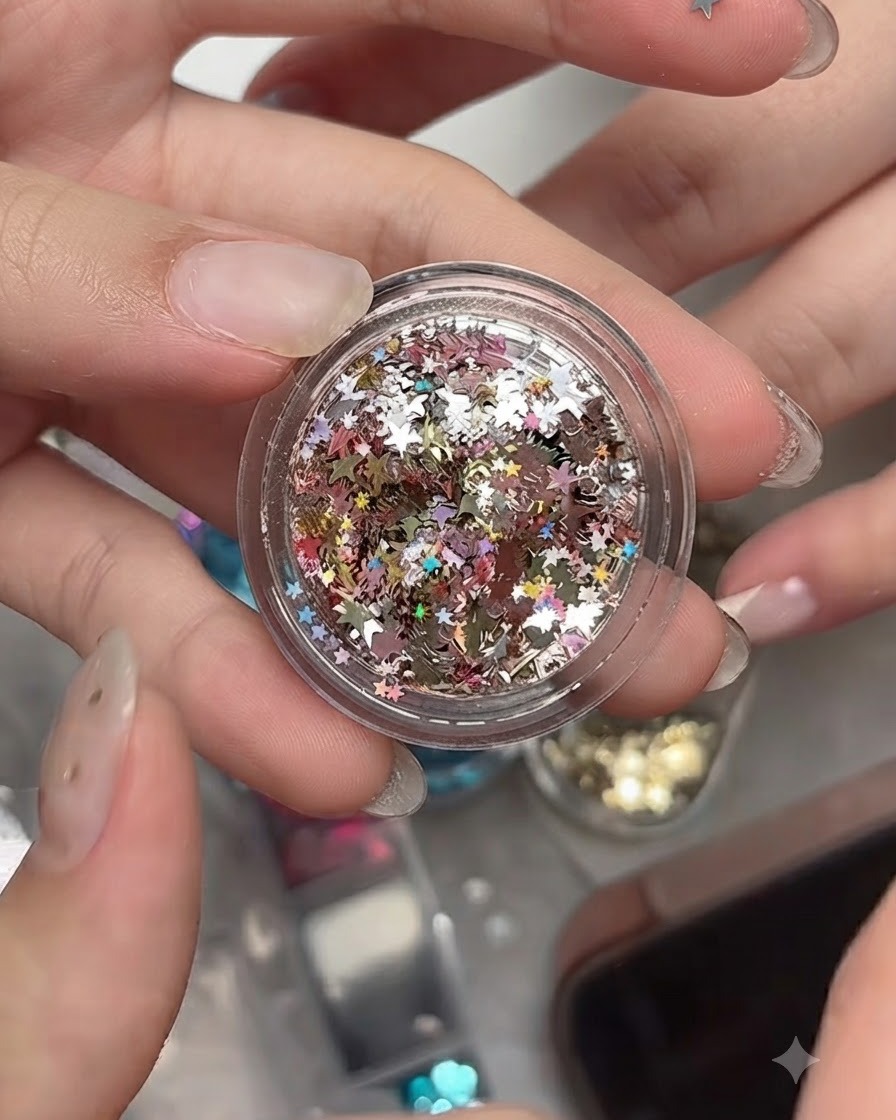Ein kleiner transparenter Tiegel gefüllt mit einer Mischung aus holografisch silbernen, goldenen und rosa sternförmigen Pailletten.
