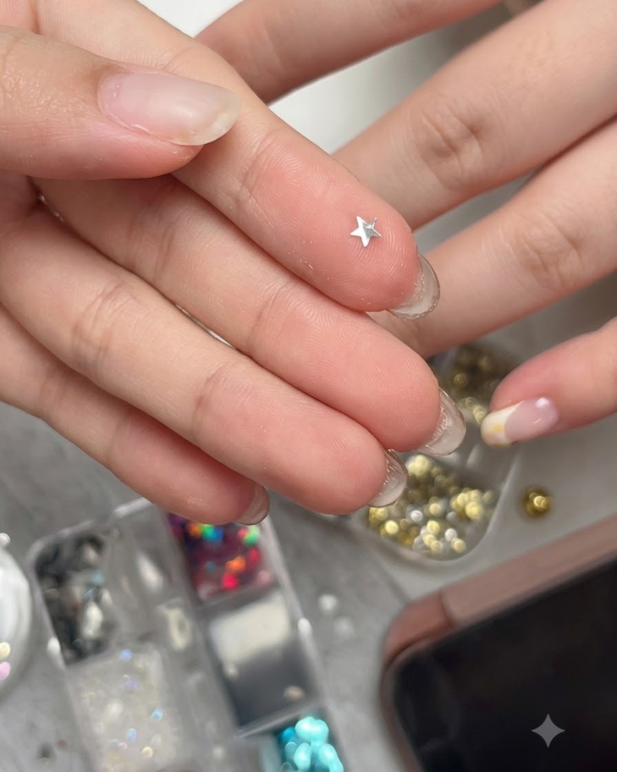 Ein gebogenes sternförmiges Glitzerstück aus Metallic-Silber liegt auf einer Fingerspitze und ist bereit zum Aufnehmen.