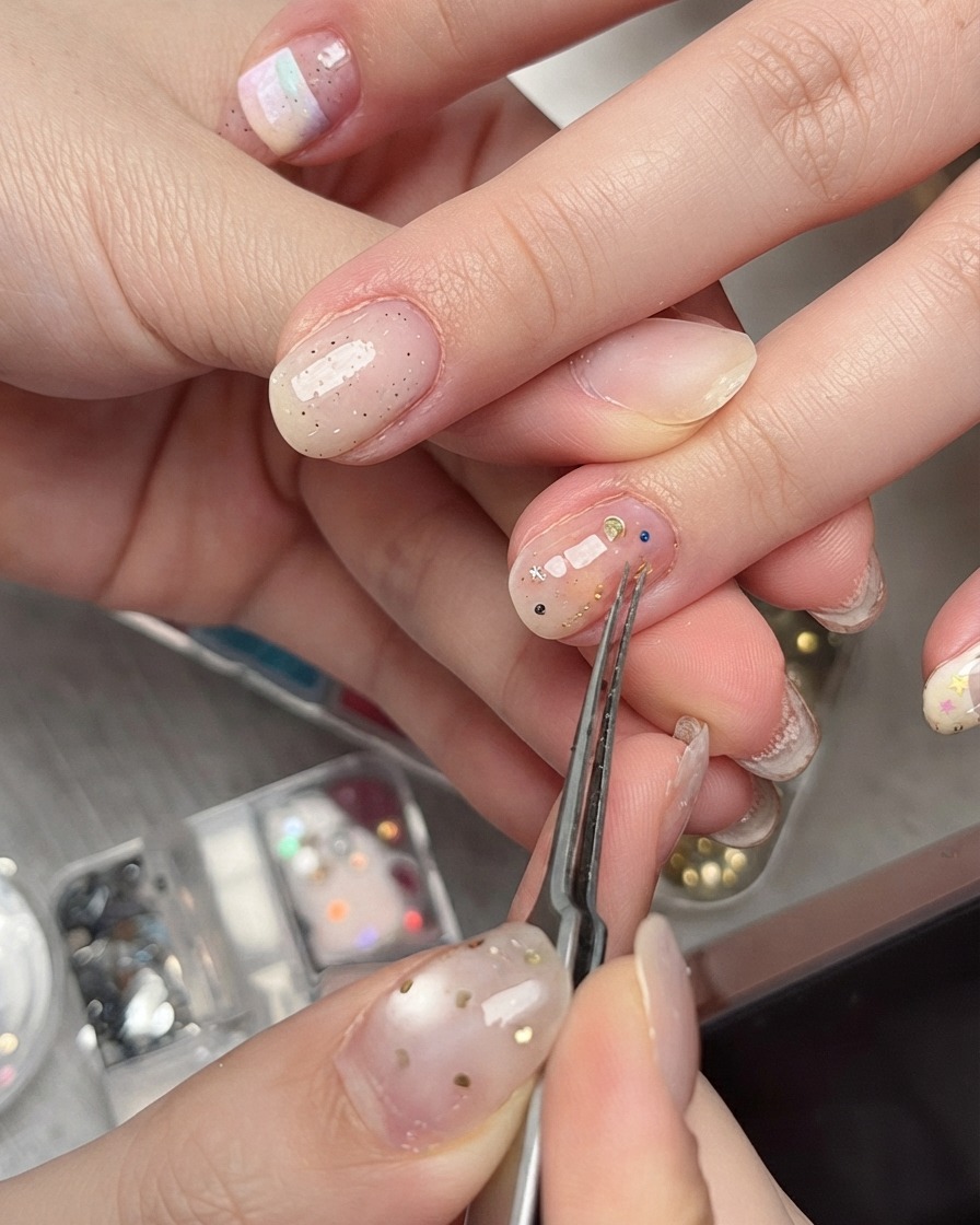 Eine Pinzette drückt sanft ein Stern-Glitzerstück auf einen manikierten Nagel, um es flach zu sichern.