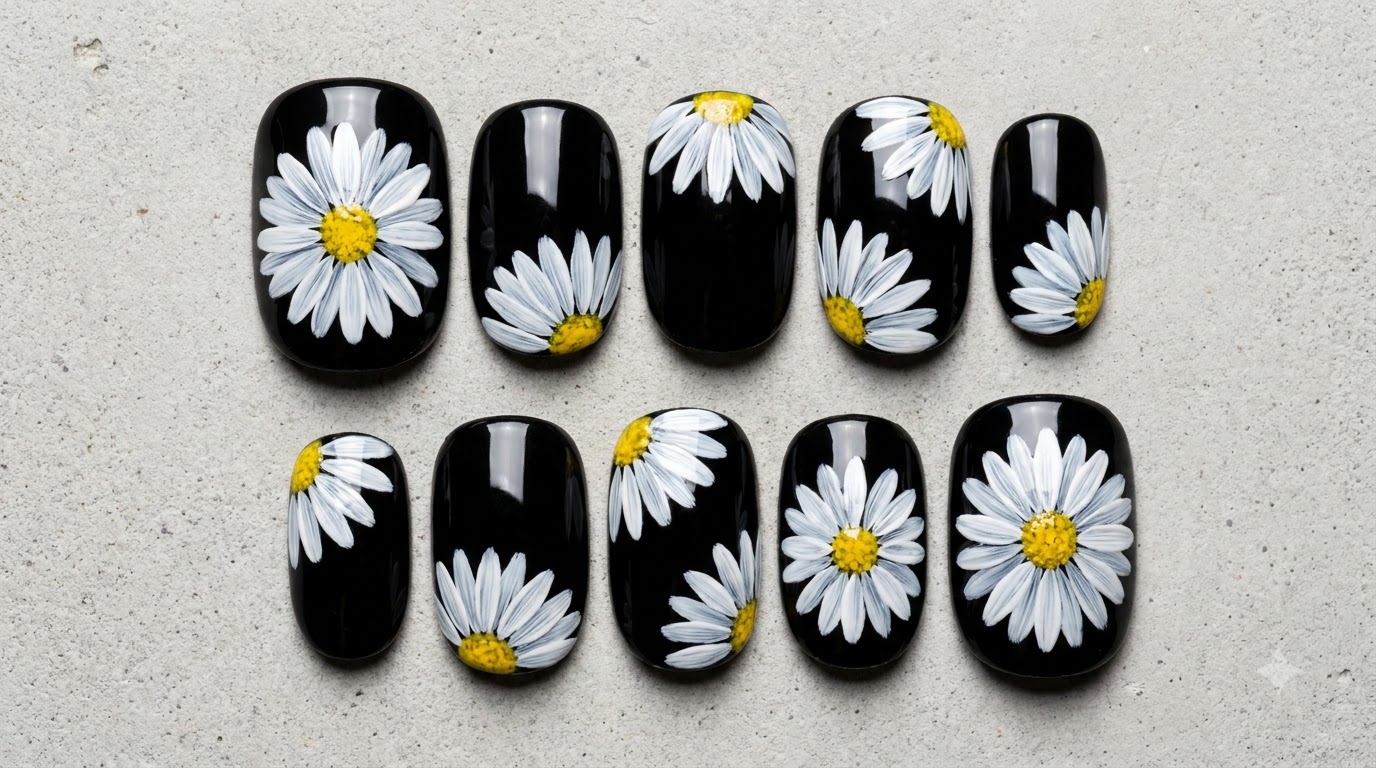 Manicura de Margaritas Pintadas a Mano sobre Negro — Tutorial Paso a Paso