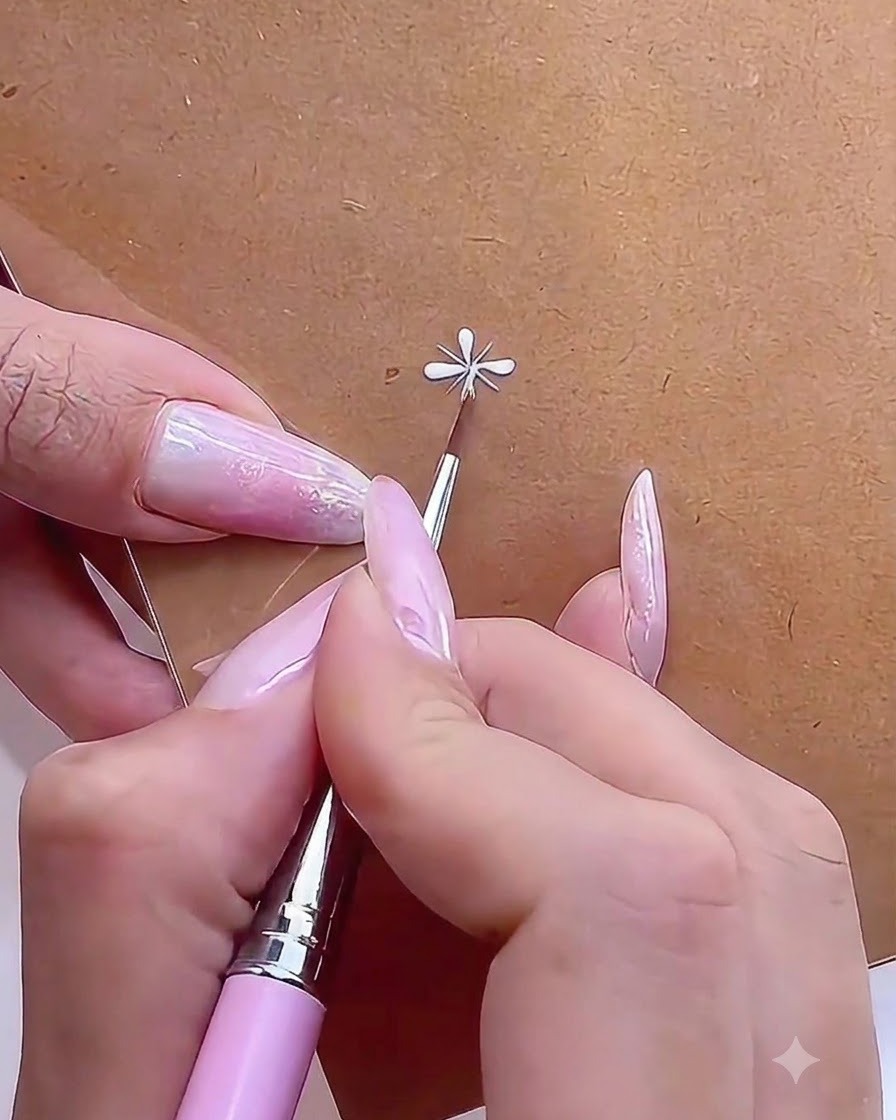 Una vista de cerca de un pincel fino refinando las formas finales de los pétalos de una margarita pintada a mano.