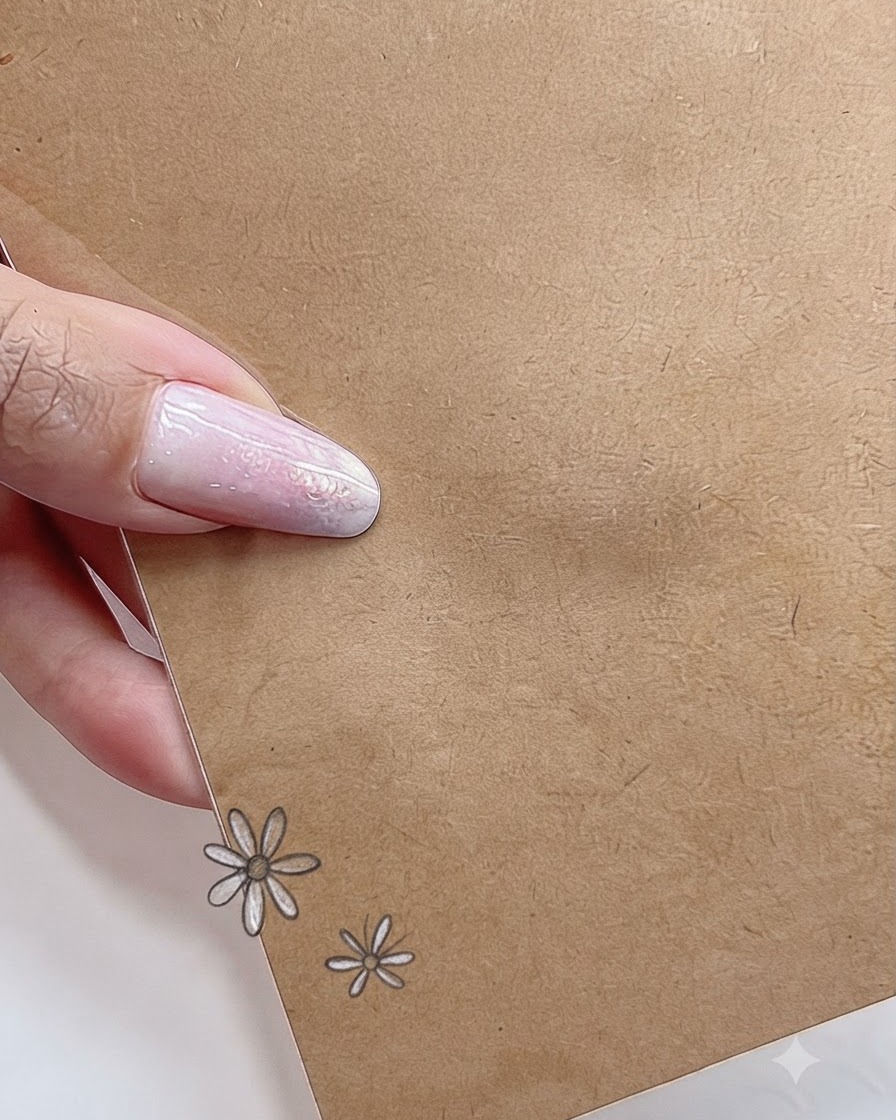 Una vista de cerca de un diseño de nail art que muestra dos margaritas blancas pintadas de diferentes tamaños agrupadas en una superficie neutral.