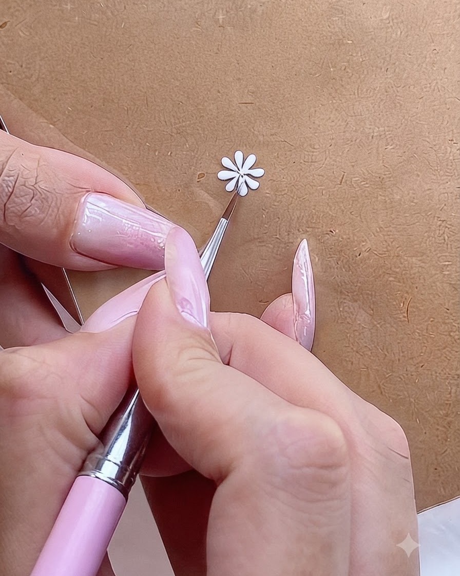 Una mini linterna UV curando un diseño de uñas de margarita blanca pintado sobre una superficie.