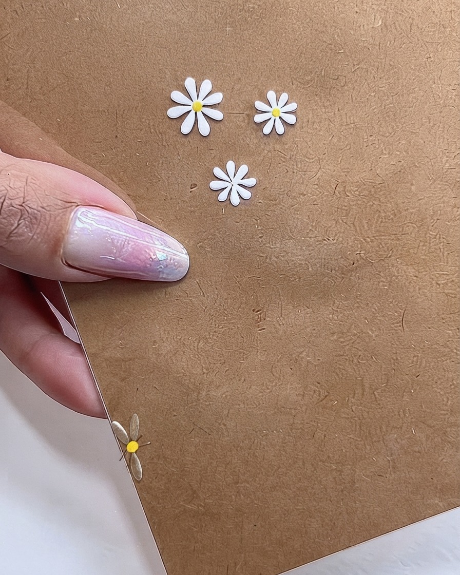 Un diseño de uñas con múltiples margaritas blancas terminadas con centros amarillos brillantes creados con una herramienta puntero.