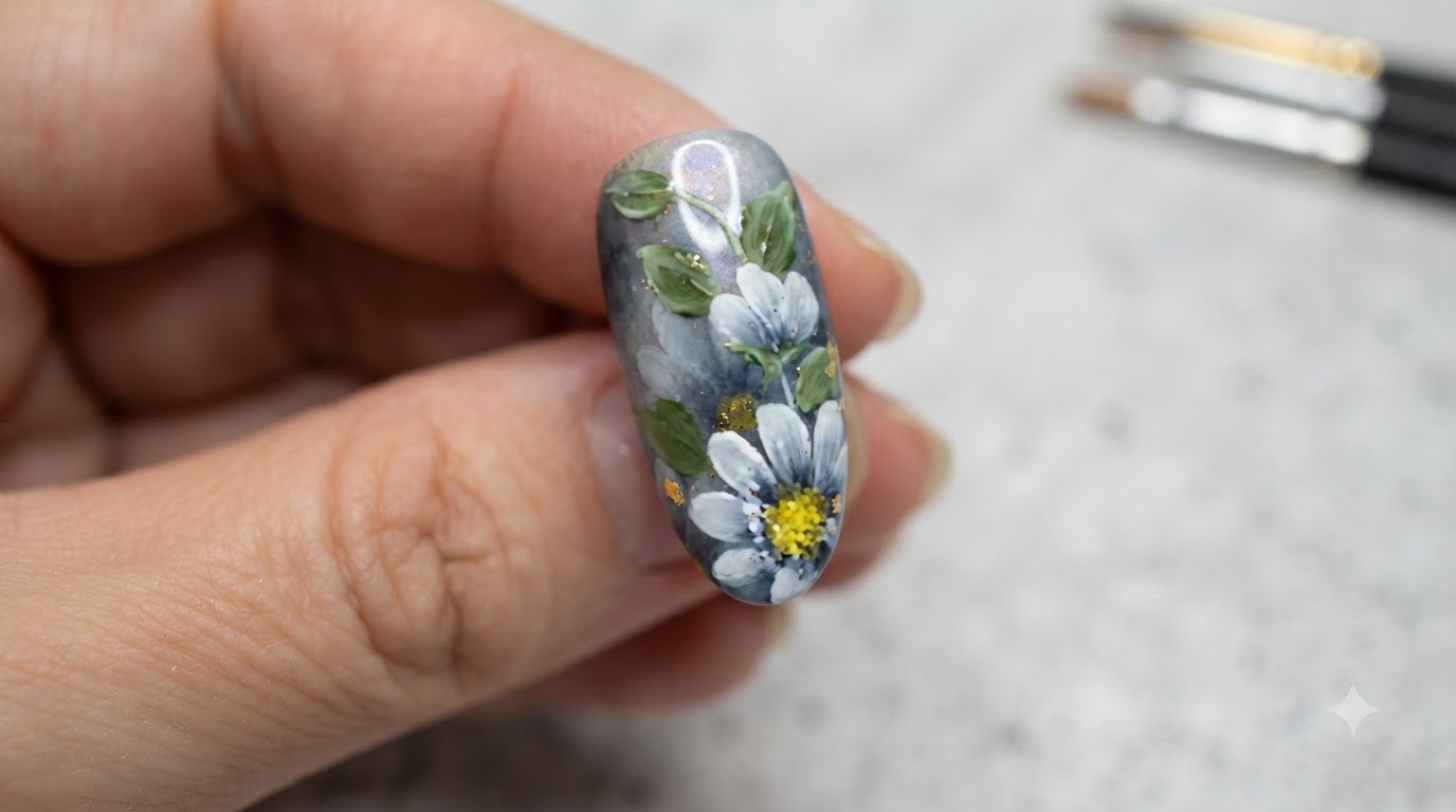 Primer plano macro del diseño de uñas de gel con margaritas de estilo nórdico terminado, que muestra una base gris apagada, racimos florales blancos, centros amarillos texturizados, hojas verdes y sutiles acentos dorados.