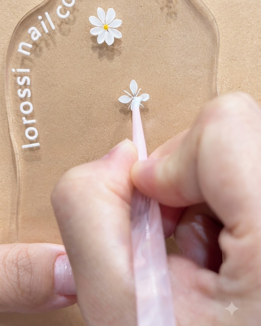 Una vista de primer plano de una herramienta suavizando los bordes de los pétalos de margarita blanca en una paleta transparente de arte de uñas.